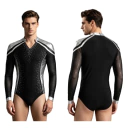 Men Long Sleeve Shiny Rhinestone Sheer Mesh Figure Skating Bodysuit Latin Dance Cha-cha Ballet Gymnastics Leotard Dancewear