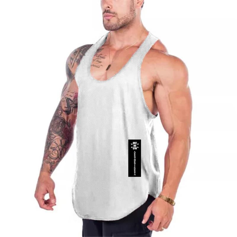 Mens Quick Dry Mesh Printed Loose Tank Tops, Y-Back Breathable Gym Vest, Polyester Fitness Bodybuilding Sleeveless Shirts