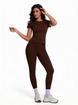 Women's 2 Piece Workout Set, Ultra-Soft Short Sleeve T-Shirt & High Waist Leggings, Seamless Butt Lifting Yoga Outfit for Gym, R