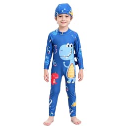 Boys Swimsuit Toddler 3 4 5 6 7 8 9 Years One Piece Kid Swimwear with Cap Long Sleeve Full Body UV Protection Beach Bathing Suit