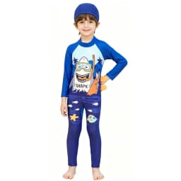 Boys Swimsuit Toddler 3 4 5 6 7 8 9 Years One Piece Kid Swimwear with Cap Long Sleeve Full Body UV Protection Beach Bathing Suit