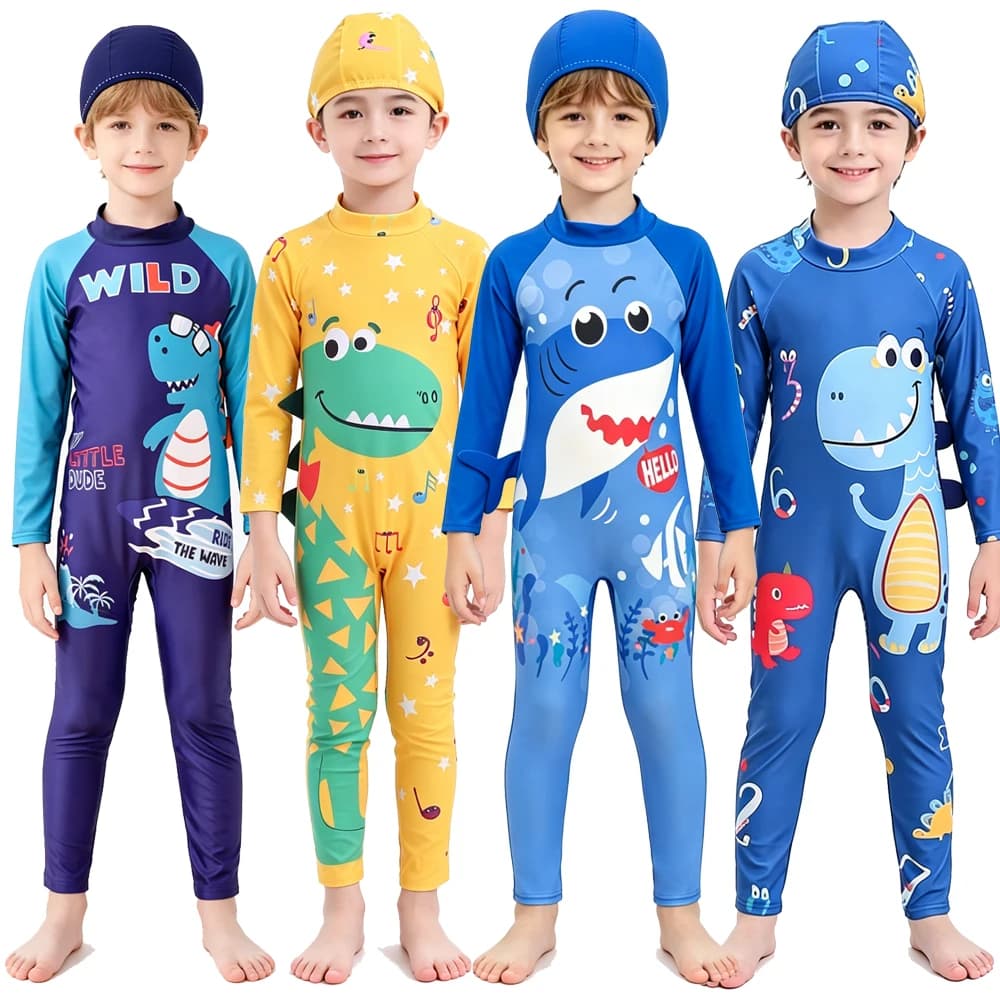 Boys Swimsuit Toddler 3 4 5 6 7 8 9 Years One Piece Kid Swimwear with Cap Long Sleeve Full Body UV Protection Beach Bathing Suit
