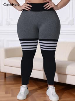 Plus Size Women Seamless Yoga Leggings Contrast Stripe High Waist Tummy Control Butt Lift Fitness Workout Gym Tights