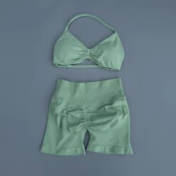 2 Piece Sports Gym Set Strappy Bra Ruched Backless Halter Push Up Yoga Scrunch Shorts Running Sportswear Woman Seamless Yoga Set