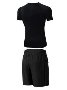 Mens Summer Casual Sport Surfing Suit 2 Piece Set Quick Dry Short Sleeve Rash Guard Board Shorts with Zipper Pocket Mesh Liner