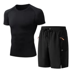 Mens Summer Casual Sport Surfing Suit 2 Piece Set Quick Dry Short Sleeve Rash Guard Board Shorts with Zipper Pocket Mesh Liner