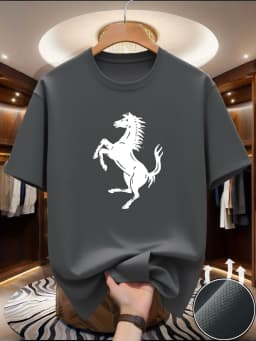 Men's summer breathable quick drying fashionable casual loose horse pattern letter printed round neck short sleeved T-shirt
