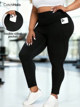 Plus Size Women Yoga Leggings With Pockets Black Compression Ultra Stretch High Waist Tummy Control Gym Workout Tights
