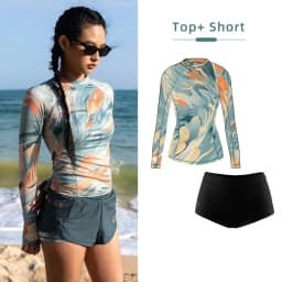 Nu-June Women's Swimsuit Print Surf Rash Guard Long Sleeve Quick Dry Swim Shorts Set Sport Sun Protection Bathing Suit Swimwear