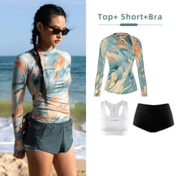 Nu-June Women's Swimsuit Print Surf Rash Guard Long Sleeve Quick Dry Swim Shorts Set Sport Sun Protection Bathing Suit Swimwear