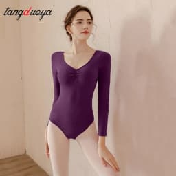 Women Basic Dance Leotard Long Sleeve V-Neck Adult Team Ballet Leotard Dancewear Cotton Fabric Bodysuit Leotard Bodysuit