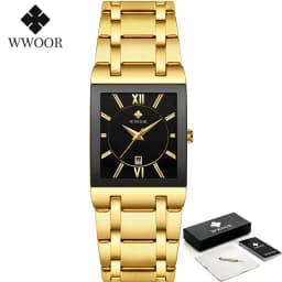 WWOOR Brand Luxury Gold Bracelet Men's Watches Fashion Square Quartz Wrist Watch For Men Stainless Steel Waterproof Reloj Hombre