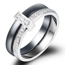 Fashion 2 Layers Black White Ceramic Crystal Wedding Rings For Women Wedding Jewelry Stainless Steel Rhinestone Engagement Gifts