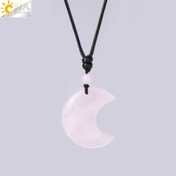 Crescent Moon Crystal Necklace Natural Gem Stone Pendant Tiger Eye Amethysts Pink Quartz Black Obsidian Opal Rope Wrap Necklace