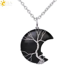 Crescent Moon Crystal Necklace Natural Gem Stone Pendant Tiger Eye Amethysts Pink Quartz Black Obsidian Opal Rope Wrap Necklace
