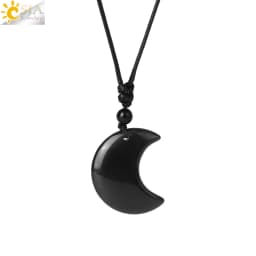 Crescent Moon Crystal Necklace Natural Gem Stone Pendant Tiger Eye Amethysts Pink Quartz Black Obsidian Opal Rope Wrap Necklace