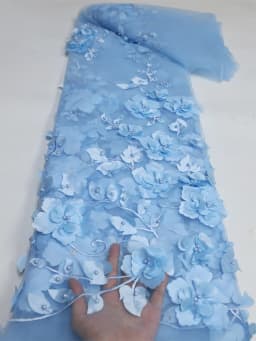 2026 Blue 3D Flower Lace Fabric With Pearls High Quality French Embroidery Tulle African Fabric For Wedding Party Dress Sewing