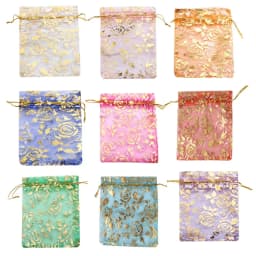 25/50/100pcs/lot Drawstring Organza Gift Bag Hot Gold Color Rose Print Pouches Wedding Christmas Party Candy Jewelry Packing