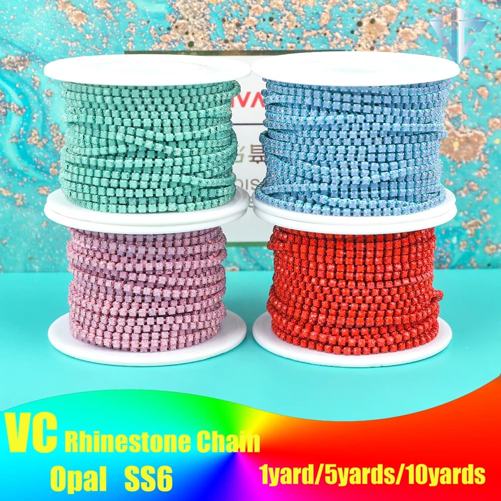 SS6 2mm 1 Yard Pink /Green/Blue Opal Glass Rhinestone Cup Chain Glitter Crystal Rhinestone Trim For DIY Wedding Dress Decoration