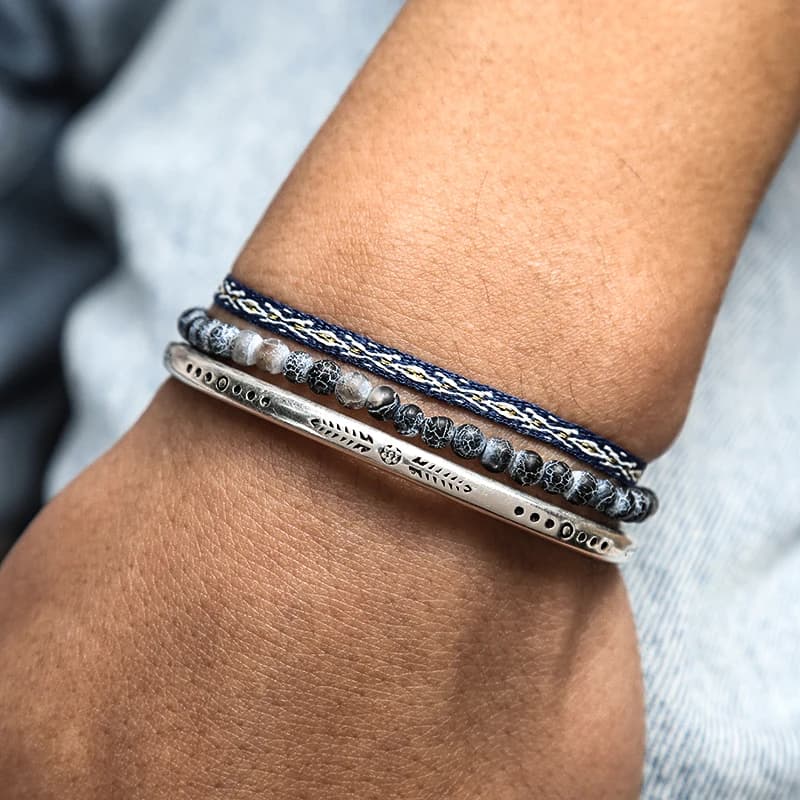Vintage 925 Silver Plated C-Bangle Featured Europe and American Personality Weathered Natural Stone Bead Bracelet Unisex Jewelry