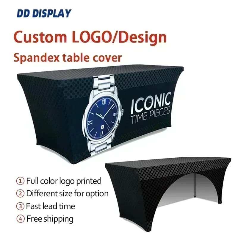 DD 4ft 6ft 8ft Custom Logo Spandex Table Cover Stretch Table Cloth Hotel Banquet Wedding Exhibition Counter Decor Tablecloth