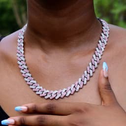Hip Hop Pink Crystal Cuban Link Chain Necklace for Women Bling Iced Out Silver Color Rhinestone Paved Choker Necklaces Jewelry
