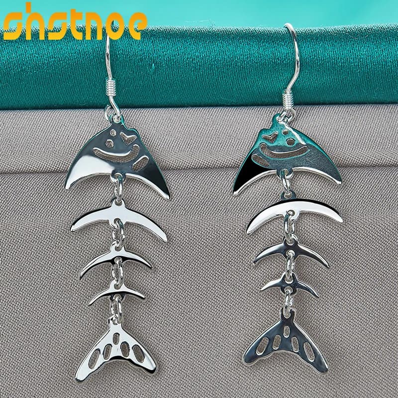 925 Sterling Silver Fish Bone Drop Earrings For Women Party Engagement Wedding Birthday Gift Fashion Jewelry