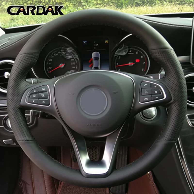 CARDAK Black Artificial Leather Steering Wheel Cover for Mercedes Benz W176 W246 W205 C117 C218 W447 Steering Wheel Trim Cover