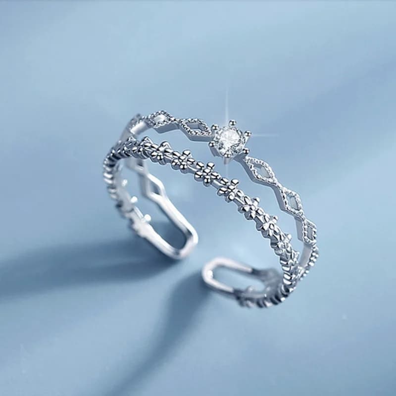 Korean Trendy Floral Zircon Double Layers Open Ring for Women Geometric Cross Cuff Rings Bride Engagement Wedding Ring Jewelry