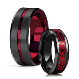 Fashion 8mm Red Groove Beveled Edge Black Tungsten Wedding Rings For Men Cool Black Celtic Dragon Inlay Red Carbon Fiber Ring