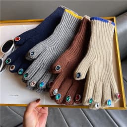 Women Winter Warm Knitted Full Finger Gloves Solid Wool Luxury Rhinestone Girl Fashion Touch Screen Mittens Female Drving