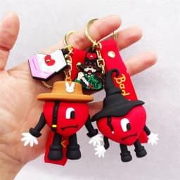 Fashion 3D Cute Bad Bunny Heart Keychain Keyring For Women Men Rubber Car Keychain Keyfob Trinket Bag Pendant Accessories