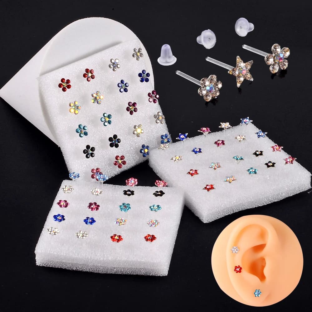1 Box Bioplast Flexible Zircon Ear Tragus Helix Cartilage Cz Lobe earrings Piercing Gem Flower Heart Nose Ring Labret Lip Stud