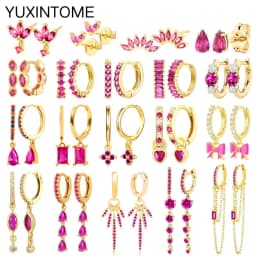 925 Silver Ear Needle Rose Red Hoop Earrings For Women Exquisite Water Drop/Flower/Heart Crystal Piercing Huggie Earring Jewelry