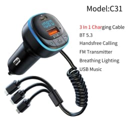 Car Bluetooth 5.0 FM Transmitter Wireless Audio Receiver Car MP3 Player 25W PD Fast Charge With Apple Type-C Port Charging Cable