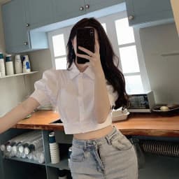 Korean Summer Puff sleeve White Shirt Cropped Women Elegant Youth Collar Blouses Clothes Preppy Short sleeve Cute Top