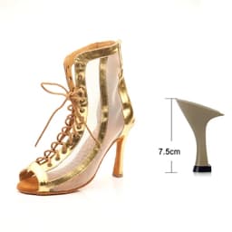 Ladingwu Women Ballroom Latin Dance Boots Lady`s Salsa Professional Dancing Shoes Golden Silver PU Mesh Dance Sandals