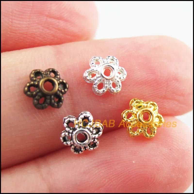 200Pcs Retro Tibetan Silver Bronze Gold Silver Color Flower Spacer End Beads Charms 6mm