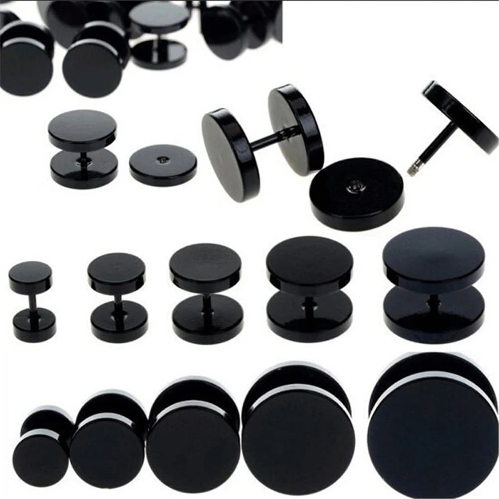 WKOUD One Pair Black Stainless Steel Round Stud Earrings For Women Dumbbell Pierceing Earrings Men Punk Fashion Jewelry