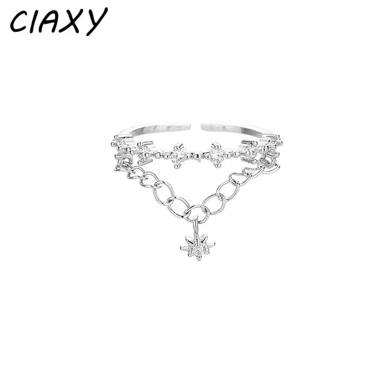CIAXY Silver Color Double-layer Chain Rings for Women Charming Zircon Star Open Ring Luxury Jewelry Anillos Mujer