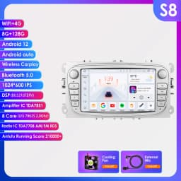 2 Din Carplay Android12 Car Radio For Ford/Focus/S-Max/Mondeo 9/GalaxyC-Max Car Multimedia Player Navigation GPS WiFi 7862