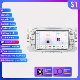 2 Din Carplay Android12 Car Radio For Ford/Focus/S-Max/Mondeo 9/GalaxyC-Max Car Multimedia Player Navigation GPS WiFi 7862