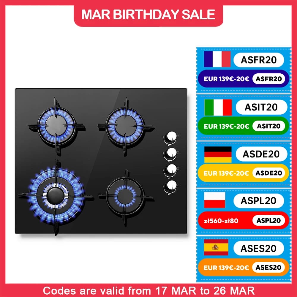 TopStrong 4 burner 60cm glass ceramic built-in stove natural gas propane gas hob