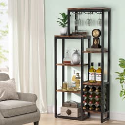 Tribesigns Wine Rack Freestanding Floor, 5-Tier Wine Baker Rack with Glass Holder & Wine Storage, Industrial Wine Display Shelf