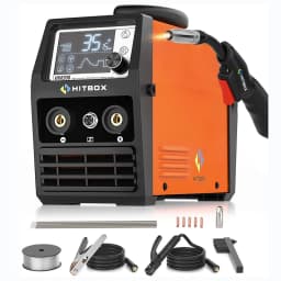 HITBOX MIG Welder 4 in 1 Stick/MMA Flux Core MIG Lift TIG Support Spool Gun Semi-Automatic Welding Machine Non Gas Soldering Inverter Welder for 1KG Welding Wire HIM200
