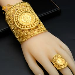 XUHUANG Dubai Ethiopia 24K Gold Color Hollow Bangle With Ring For Women Arabic Luxury Charm Copper Bangles Party Jewelry Gifts