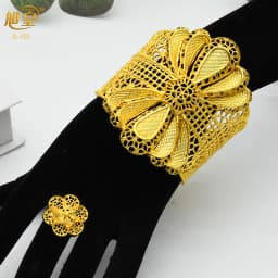 XUHUANG Dubai Ethiopia 24K Gold Color Hollow Bangle With Ring For Women Arabic Luxury Charm Copper Bangles Party Jewelry Gifts