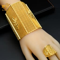 XUHUANG Dubai Ethiopia 24K Gold Color Hollow Bangle With Ring For Women Arabic Luxury Charm Copper Bangles Party Jewelry Gifts