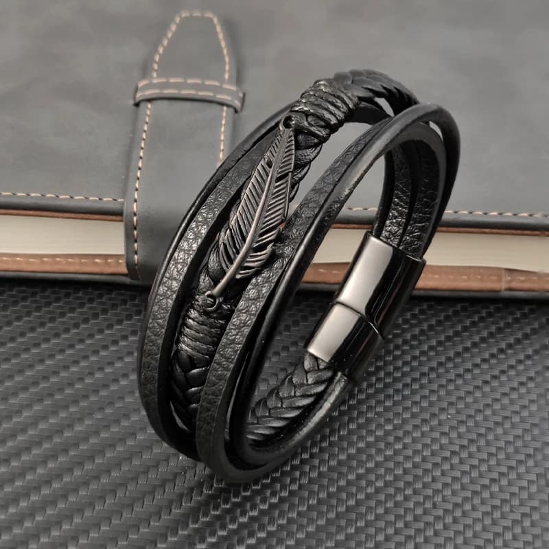 Multi-layer Leather Combination Maple Leaf Accessories Simple Style Men's Stainless Steel Leather Bracelet Classic Gift Big Sale