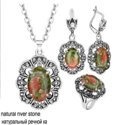 Vintage Flower Pendant Natural Stone Quartz Opal Sets For Women Antique Silver Plated Necklace Earring Ring Fashion Jewelry